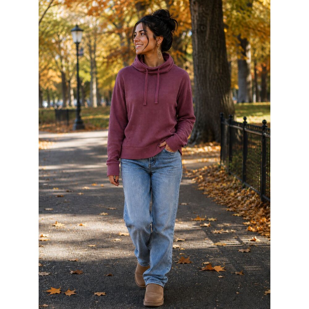 Natural Reflections Dusty Rose Waffle Knit Funnel Neck Pullover Top Size Medium